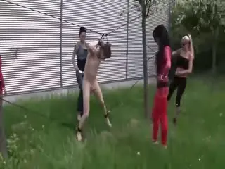 Outdoors a group of female gangsters tied up a male classmate and punched and abused him.